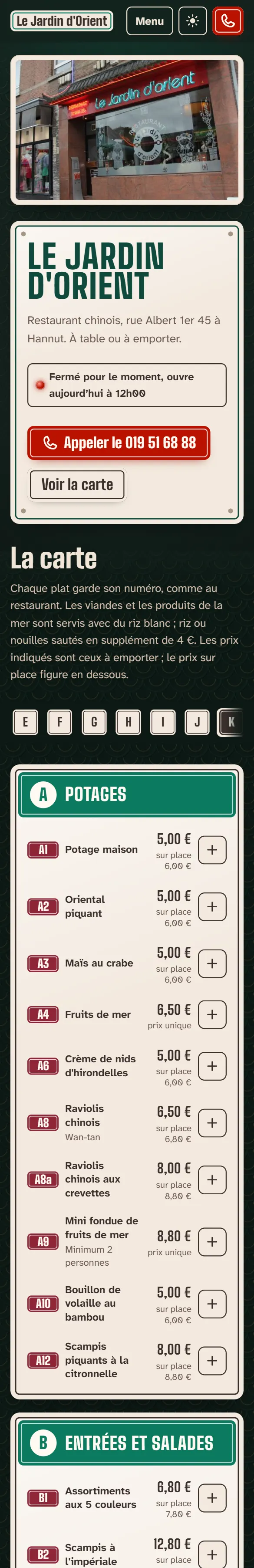 Version proposée du Jardin d'Orient sur téléphone : haut de page, puis la carte avec le prix à emporter en grand